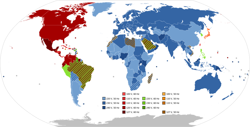 World map of mains voltages and frequencies